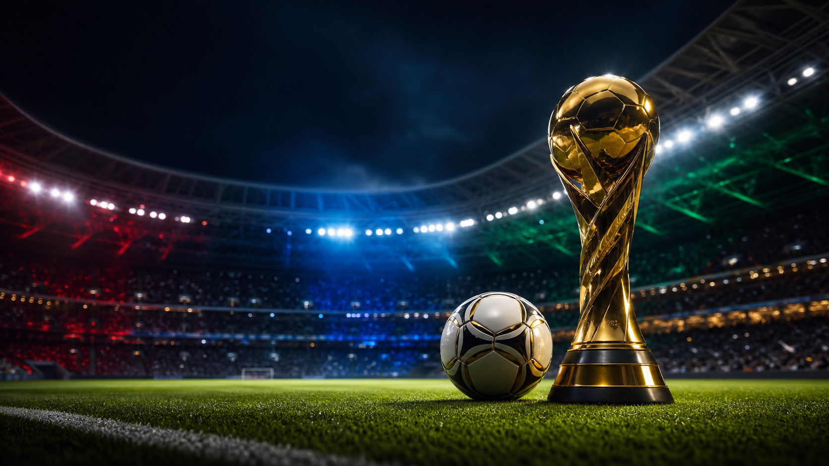 Generic soccer tournament trophy on a stadium pitch